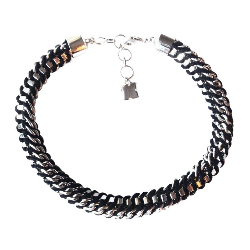 BCBGMAXAZRIA Silver Black Leather Collar Necklace